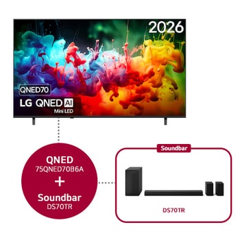 Het vooraanzicht van de LG QNED AI QNED70 Mini LED, gelanceerd in 2026, vult het scherm met levendige, vloeiende spatten van veelkleurige bewegingen, terwijl de kleuren mooi gelaagd zijn en soepel over het scherm verspreiden.